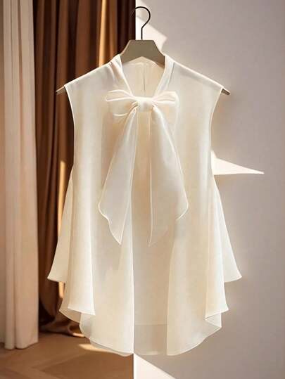 大码女式纯色休闲无袖上衣，蝴蝶结领，前短后长设计，优雅时尚，夏季必备