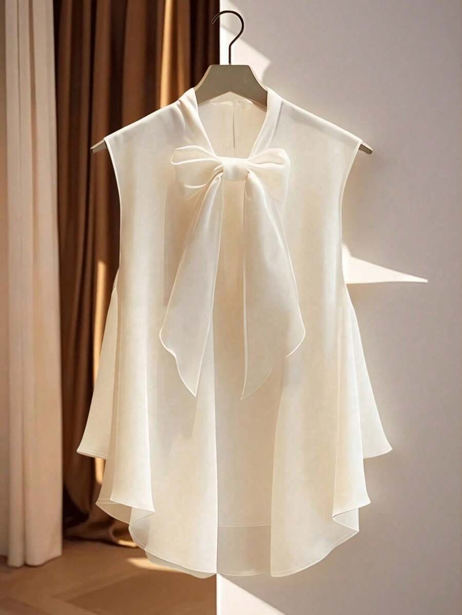 Plus Size Women's Solid Color Casual Sleeveless Top With Bowknot Collar, Front Short Back Long Design, Elegant & Fashionable For Summer - Apricot - View 1