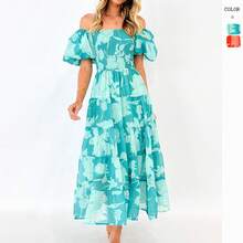 Sommer Europäische und Amerikanische Damenmode Off-Shoulder Chiffon Puffärmel Geschichtetes Bedrucktes Kleid - große orange-rote Blüte - Übersicht 2