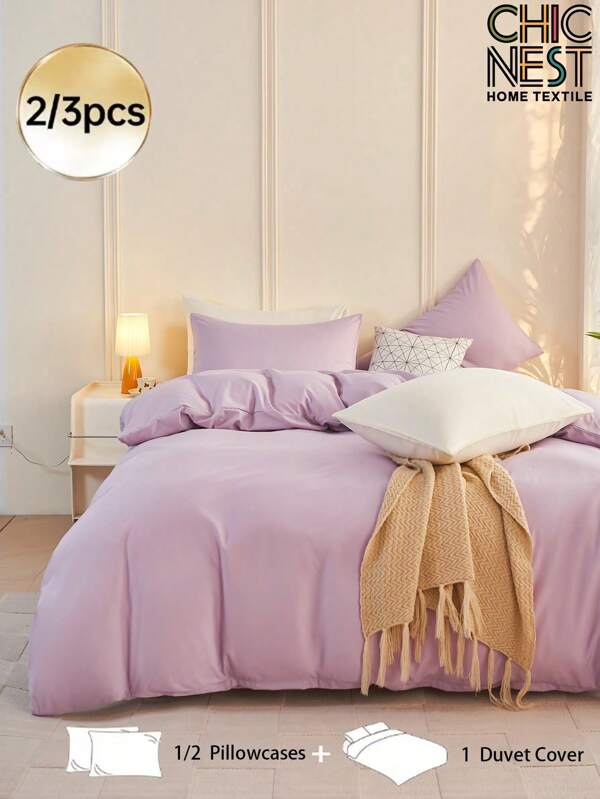 Juego de edredón de 2/3 piezas en color morado, juego de ropa de cama de unicolor y suave a la piel, estilo sencillo, edredón cómodo y transpirable, para cama individual/individual, doble/matrimonial, 1 pieza de edredón con 1/2 fundas de almohada (sin relleno), textil para el hogar lavable a máquina