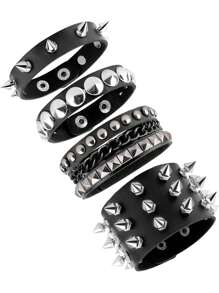 Xiacheng 1/3/4件套女士朋克摇滚手链套装 - 铆钉可调节人造革手镯，80年代Emo哥特机车风，男女皆宜的另类时尚