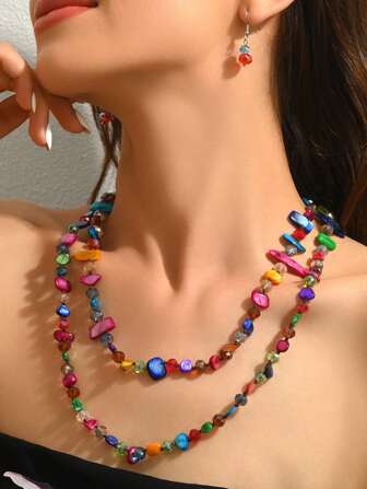 1pc Vintage Versatile Handmade Natural Shell & Crystal Beaded Long Necklace, Layered Wear With Sweater