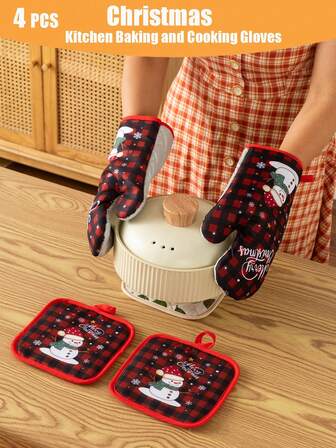 2件和4件圣诞礼物装饰烤箱手套，采用涤纶材料制成，烘焙和烹饪手套带隔热垫套装，厨房隔热手套，餐厅隔热垫圣诞套装
