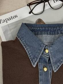 韩版牛仔拼布针织套头衫，女款，秋冬 - 咖啡棕 - 查看 8