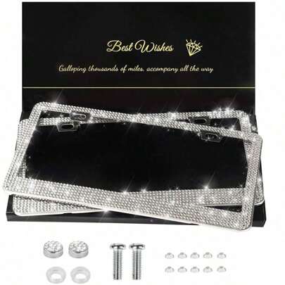 Funkelnder Autokennzeichenhalter, Kristall funkelnder Strass Edelstahl Damen Kennzeichenhalter, Diamant Auto Außenzubehör, perfektes Geschenk für Mädchen, Autoaccessoires, geeignet für die meisten Automodelle