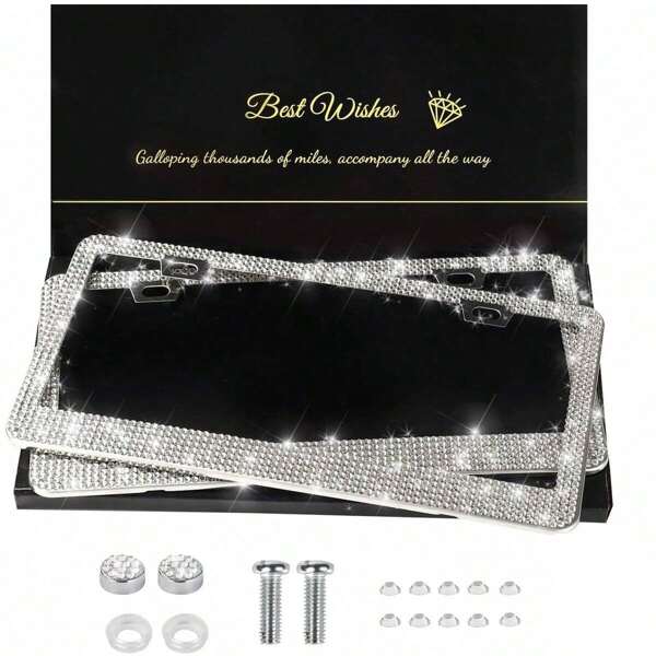 Sparkling Car License Plate Holder, Crystal Sparkling Rhinestone Stainless Steel Women's License Plate Holder, Diamond Car Exterior Accessories, Perfect Gift For Girls, Car Accessories, Suitable For Most Car Models