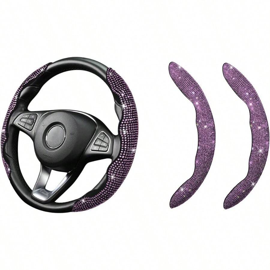 D2PCS Car Steering Wheel Cover AntiSlip Sparkly Glitter Bling Diamond Crystal Rhinestones Automotive Steering Wheel Protector For Women Girls Vehicle Accories Universal Fit Pink 7001 - 粉色 - 查看 1