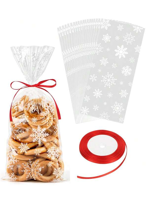 50 Peças Sacos de Celofane de Natal com Fita, Sacos de Floco de Neve de Inverno, Sacos de Celofane para Guloseimas, Biscoitos e Presentes de Natal com Floco de Neve para Suprimentos de Festa de Feriado de Inverno, Lembrancinhas e Embalagem de Presentes