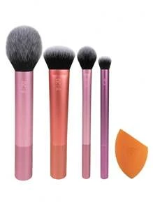 Real Techniques 5件套日常必备化妆刷套装，包含4支化妆刷和1个化妆海绵，适用于粉底、腮红、修容、轮廓、眼影和散粉，旅行礼品套装，化妆刷套装，化妆刷套装，化妆刷套装，全套化妆刷，化妆刷套装，全套化妆工具，化妆刷套装，化妆刷套装，化妆礼盒套装 - 粉色 - 查看 2