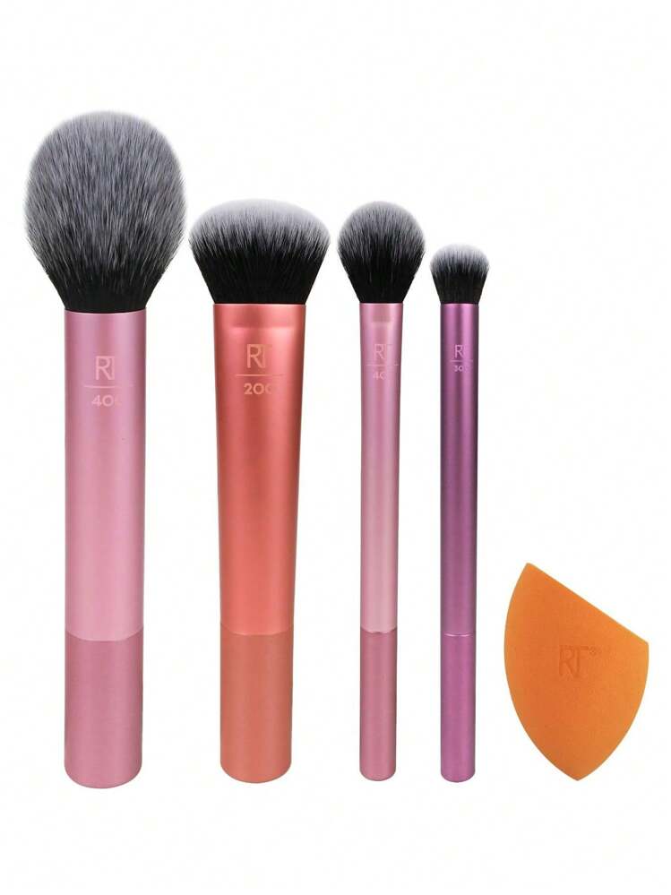 Real Techniques 5개 일상 필수품 메이크업 브러쉬 세트, 4개 브러쉬와 메이크업 스펀지 포함, 파운데이션, 블러쉬, 브론저, 컨투어, 아이섀도, 파우더용, 여행 선물 세트