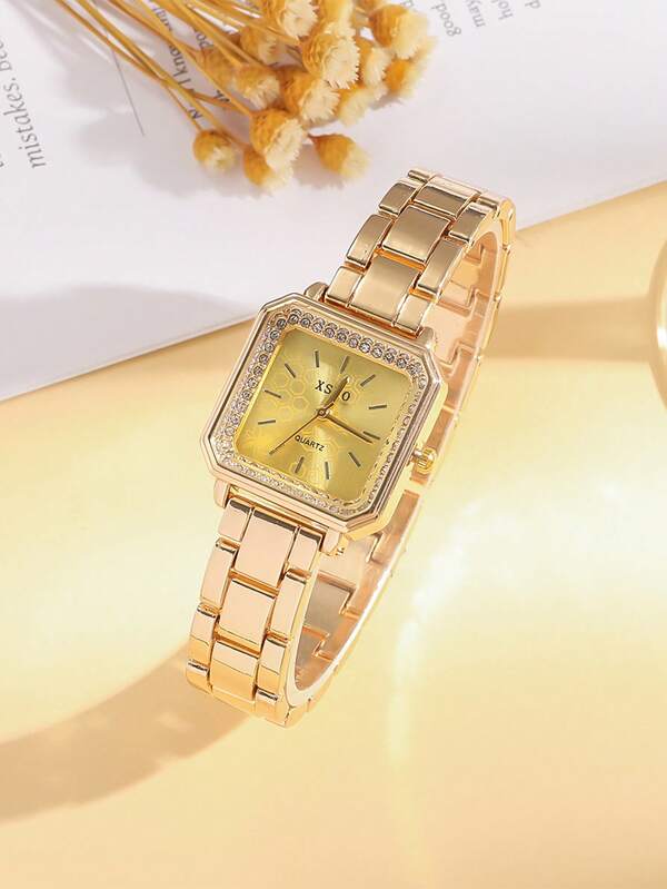 1pc Fashionable Square Dial Women's Quartz Watch, Minimalist Luxury Style With Embedded Diamonds, Suitable For Daily Wear, School, Gift, Wedding, Office And Other Occasions