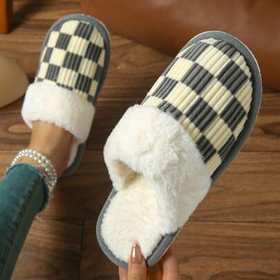 Plaid Pattern, Comfortable Indoor Bedroom Slippers For Men And Women, Fashionable Fluffy Plaid Casual Vacation Couple Gift Home Slippers For Women