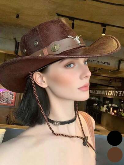 1pc Western Cowboy Hat, Suitable For Christmas, Christmas Party, Halloween, Valentine's Day, Carnival, Couple Outings, Hiking, Unique Braided Rope, Wide Curved Brim, Horseback Riding, Vacation