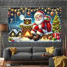 Tapiz de poliéster con diseño de Papá Noel en la chimenea - Decoración navideña clásica para el hogar, con acentos dorados, apto para fiestas interiores/exteriores y photocalls, lavable a máquina, perfecto para Navidad