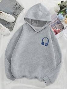 Teen Girl Fall Clothes Colorful Headphones With Letter Print Pattern, Casual Style, Sweatshirt, Suitable For Daily Wear, Party, School, Attending Music Festivals, Vacation, Commuting. Can Be Given As A Gift To Family, Boyfriend, Girlfriend, Friends, Girls Winter Clothes, Essentials Sweatshirt - Grey - View 2