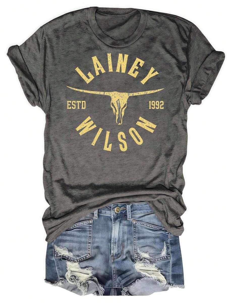 Laney Wilson Longhorn Skull Logo Established 1992 Womens Tshirt Black Grey White - 灰色 - 查看 1