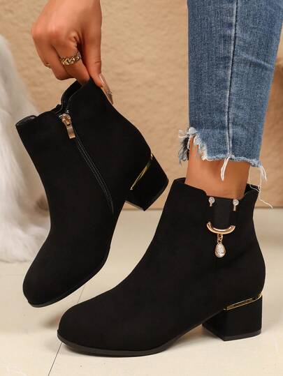 Fall/Winter Simple Style Mid-Heel Thick Heel Black Suede Women's Shoes, Ankle Boots With Rhinestone Pendant Side Zipper Boots, Fashion & Elegant Women Ankle Boots, Boots For Women