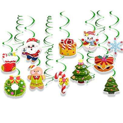 11 Pcs Christmas Swirl Ceiling Hanging Decorations Set Xmas Holiday Snowman Elk Sign Hanging Foil Indoor Decorations For Ceiling Xmas Holiday Party Supplies (Santa Bell Snowman) ﻿