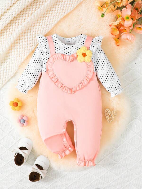 1pc Infant Girls' Casual Cute Long Raglan Sleeve Heart Shape 3D Floral Patchwork Romper