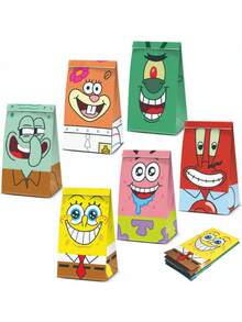 SPONGEBOB 12 piezas/24 piezas Decoración de fiesta de cumpleaños de dibujos animados Sponge-Bob, bolsas de regalo de papel, cajas de dulces, ducha para suministros de eventos y regalos