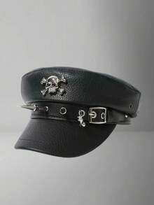 Unisex Couple Beret Hat, Suitable For All Seasons, Original Design, Rock Fashion, Leopard Print, Navy Blue Beret, Personalized Rivet Leather Buckle, Retro Leather Newsboy Cap, Metal Spider Decoration, Punk PU Leather Distressed Octagonal Cap - Butterfly - View 10