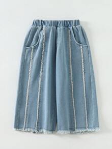 Timzgo Calça jeans desgastada para meninas, calça infantil com franjas e pernas largas, calça casual solta e reta com cós elástico e bolsos para meninas, adequada para uso diário e escolar - Baby Azul - Ver 3