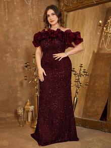 UNITHORSE Elegant Off-Shoulder Mesh Patchwork Sequin Backless Tie-Up Fitted Party Dress, Bridal Gown, Birthday Dress, Graduation Dress, Formal Dress, Autumn Women's Wear Wedding Spring - 酒紅色 - 查看 5