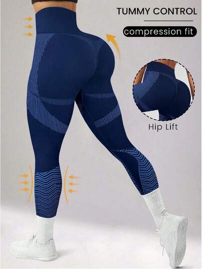 1pc Asymmetrical Colorblock Striped High Waist Tummy Control Lifting Yoga Pants, Suitable For Cycling, Running And Various Sports