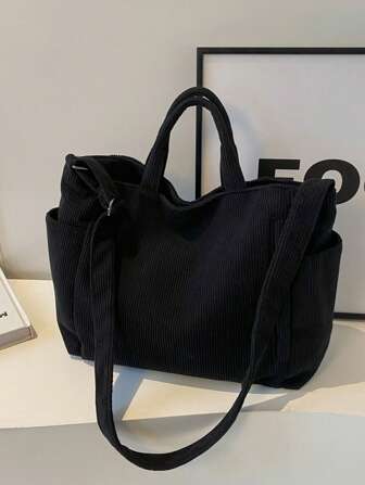 Simple Versatile Solid Color Shoulder Bag For Women, Corduroy Hobo Tote Bag Casual Multi Pocket Large Capacity Purse Crossbody Bucket Bag, Vintage Satchel Bag For Outdoor Travel Commuting Work, Handbag Shopping Bags Can Hold IPad