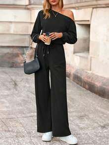 Long Sleeve Jumpsuit For Women Dressy Off Shoulder One Piece Loose Wide Leg Jumpsuits Casual Flowy Romper - 黑色 - 查看 5