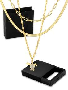 3pcs/Set Elegant Gift Box - Modern Gold Tone Blade Chain, Water Wave Chain & Cubic Zirconia Turtle Pendant Layered Necklace Set For Women - 金黃色 - 查看 3