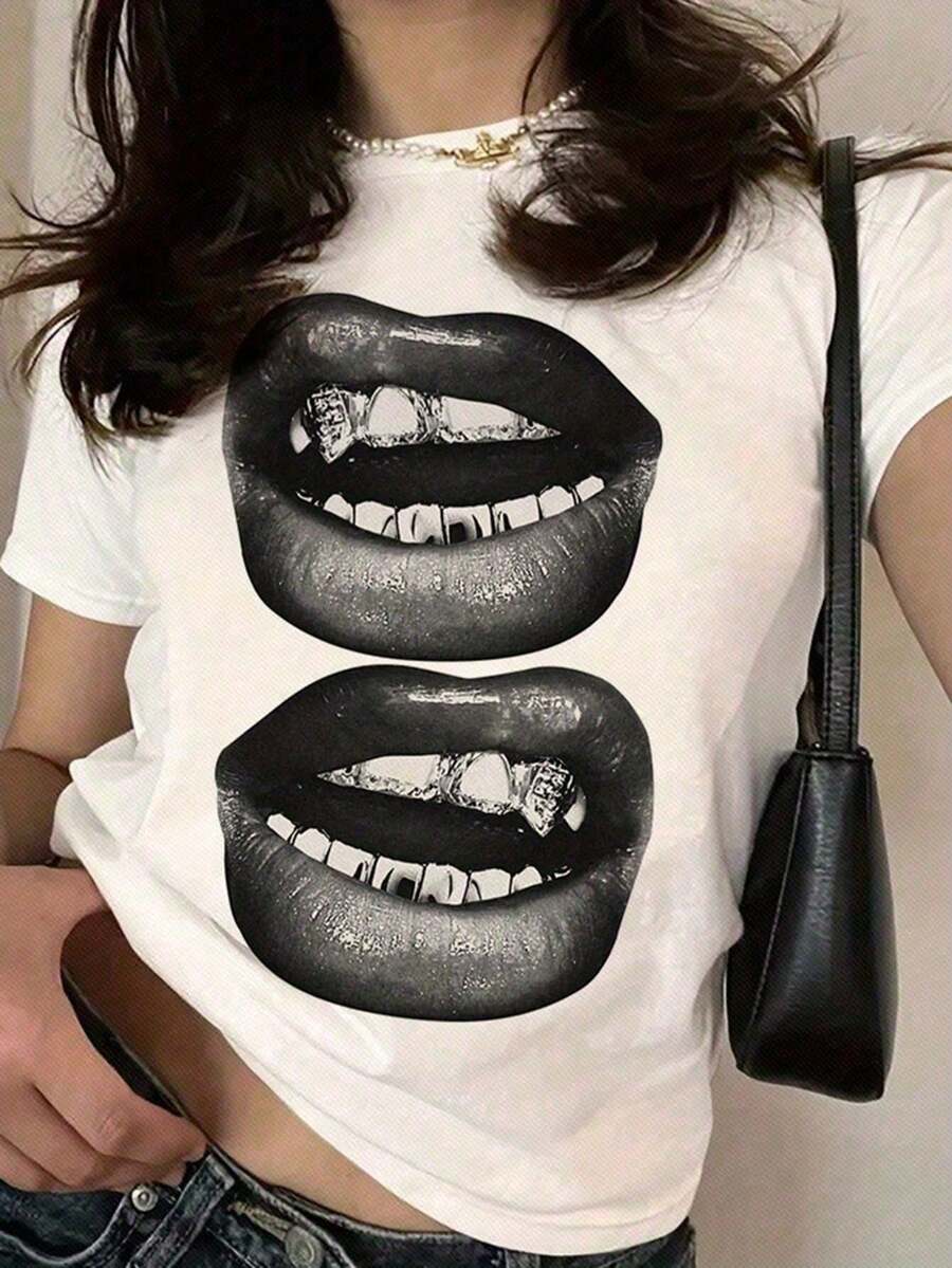 Women's Stylish Lips Graphic Print T-Shirt, Casual Polyester Knit Crew Neck Tee With Slight Stretch For All Seasons, Fashionable Short Sleeve Sporty TopSuitable For Summer Wear, Printed Pattern Short Sleeves, Ladies' Tops, And Printed Short Sleeves. - 白色 - 查看 1