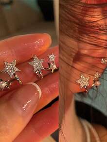 1 Paar silberne diamantbesetzte Stern Perle Ohrstecker, mit funkelnden Strass-Quasten und hochwertigen Braut-Ohrringe, perfekt für Brautjungfern und Hochzeitsgeschenke