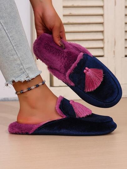 女士手工缝制流苏装饰奢华天鹅绒毛绒保暖卧室拖鞋，防滑 TPR 鞋底，包头优雅女士拖鞋，秋冬舒适鞋