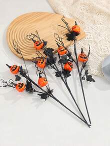 12pcs/4 Branches Halloween Artificial Pumpkin Bouquet Decor - Black & Orange Spooky Ghostly Pumpkins With Bats & Foliage, Plastic Battery-Free Indoor/Outdoor Decoration For Home, Party, Or Christmas, Festive Centerpiece, Eerie Floral Arrangement, Durable Holiday Display, Bat Decorations - Multicolor - View 3