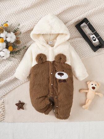 男婴舒适抓绒连体衣，饰有小熊刺绣图案，带帽长袖，秋冬季保暖户外穿着