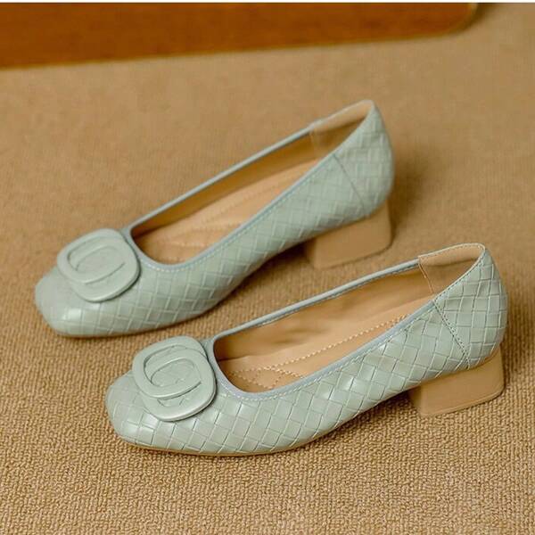 Square Toe Low Vamp Chunky Heel Comfortable Soft Bottom Fashion Buckle Decor Casual Solid Color Women Flats