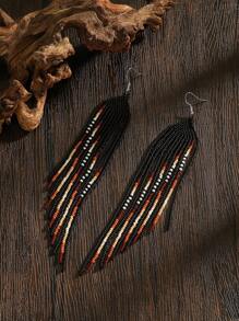 波西米亚手工串珠流苏耳环 | 黑色与泥土渐变 | 节日与日常时尚的复古珠宝