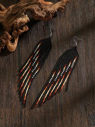 波西米亚手工串珠流苏耳环 | 黑色与泥土渐变 | 节日与日常时尚的复古珠宝
