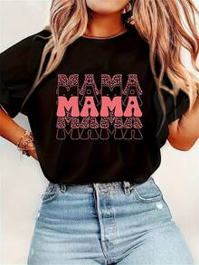 Stylish 'Mama' Graphic Print Women's T-Shirt - Casual Crew Neck, Short Sleeve, Tee With Leopard Print Accents, Ideal For Spring & Summer, Summer Fashion_Women's Top_Comfortable Fit 100_ Cotton - 黑色3 - 查看 1
