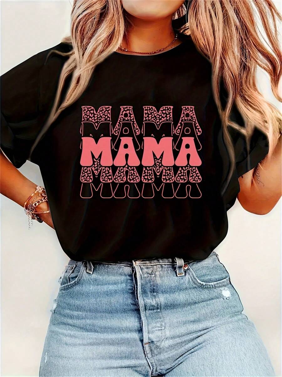 Stylish 'Mama' Graphic Print Women's T-Shirt - Casual Crew Neck, Short Sleeve, Tee With Leopard Print Accents, Ideal For Spring & Summer, Summer Fashion_Women's Top_Comfortable Fit 100_ Cotton - 黑色3 - 查看 1