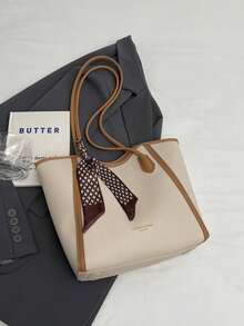 时尚纯色围巾装饰 PU 托特包，大容量通勤复古简约单肩包，百搭手提包，适合女性 - 米色 - 查看 8