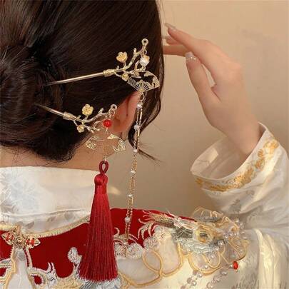 1pc/2pcs 2025 Red Tassel Hair Clip, Elegant Retro Fan-Shaped Hair Accessory For Bun Hairstyle, Hairpin, Bun Extension, Hair Bun Maker, Bun Hair Piece, Hair Styling Pins, Pins For Hair, Bobby Pins, Hair Accessories, New Year Glamour, Head Accessories