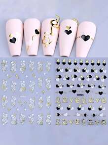 4pcs Black & White Hollow Heart Shaped French Line Design DIY Valentine's Day Romantic Holographic Self-Adhesive Gel Polish Nail Art Decals