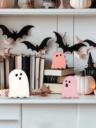 3Pcs Cute Pink Ghost Decorations For Halloween, Wooden Festival Tabletop Decoration, Suitable For Halloween Decoration, Halloween Gifts, Living Room, Bedroom, Room Decoration, Home Decoration