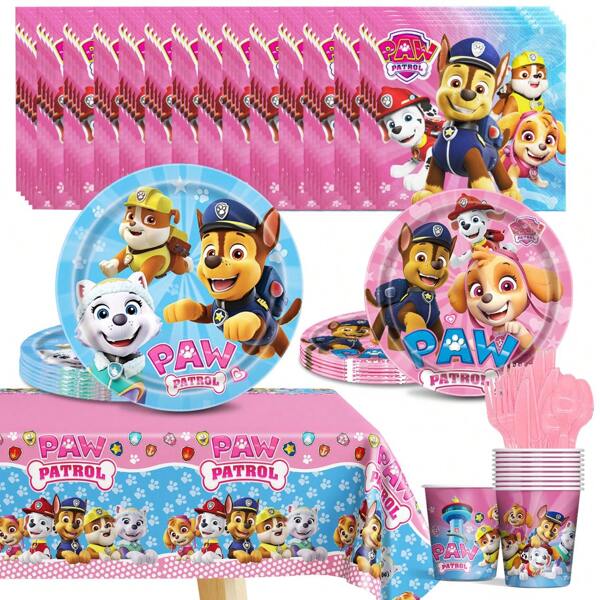 81Pcs Paw Patrol Party Supplies, Paw Patrol Team Tableware, Paper Plates, Paper Cups, Tablecloths, Decorative Balls, Cake Inserts