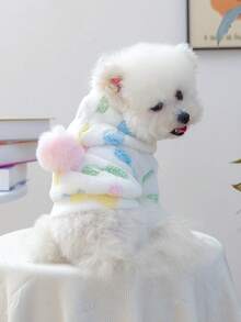 1 件宠物衣服，可爱的小狗/小猫服装，小型犬保暖羊毛连帽衫，带彩色蝴蝶结，适合秋冬季 - 彩色 - 查看 3