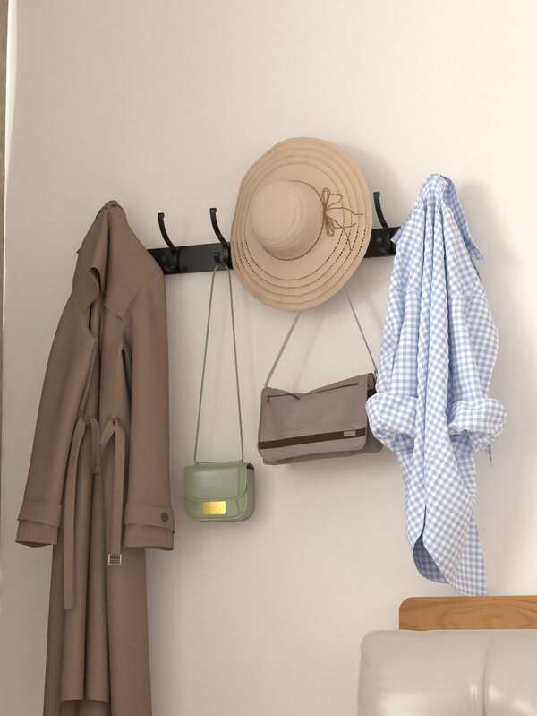 1pc Modern Black Wall Mounted Coat Rack - Easy Install No Drill Hooks, Suitable For Kitchen, Cabinet, Dorm, Wardrobe, Great For Hanging Pajamas, Clothes, Hats, Bathrobes, Durable Adhesive Hooks, Bathroom Storage, Bathroom Accessories