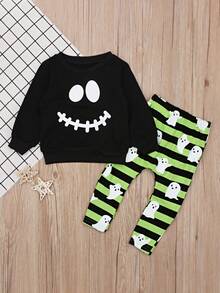 Conjunto de 2 peças de moletom de manga comprida com estampa de rosto sorridente para meninos e meninas de Halloween + calça listrada - Preto - Ver 3