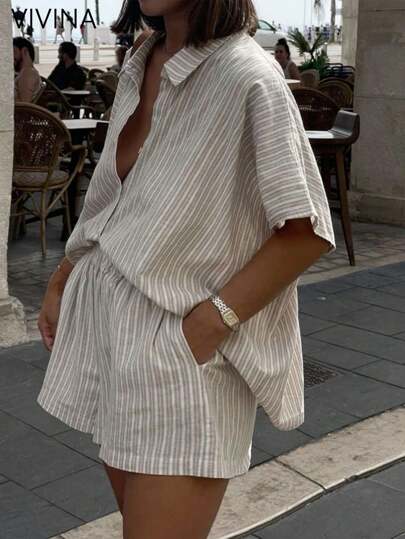 VIVINA Women's Plus Size Fashion Casual Vacation Set, Linen-Like Striped Lapel Sleeveless Shirt Top And Elastic Waist Pocket Shorts Two Pieces Outfit